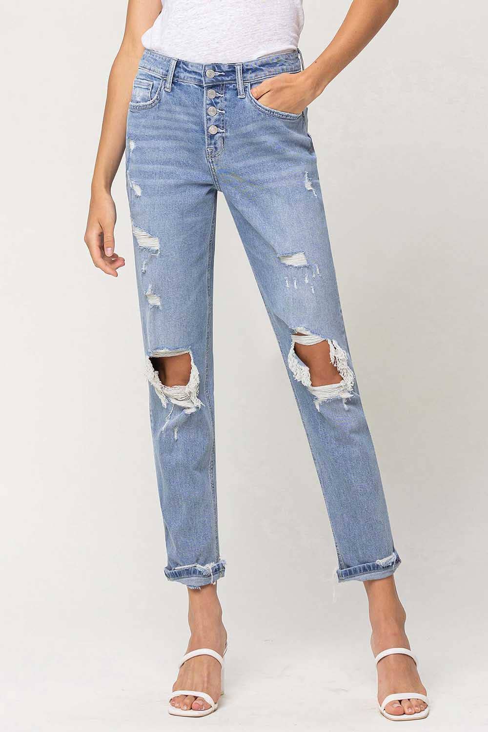 High Rise Button Fly Distressed Jeans