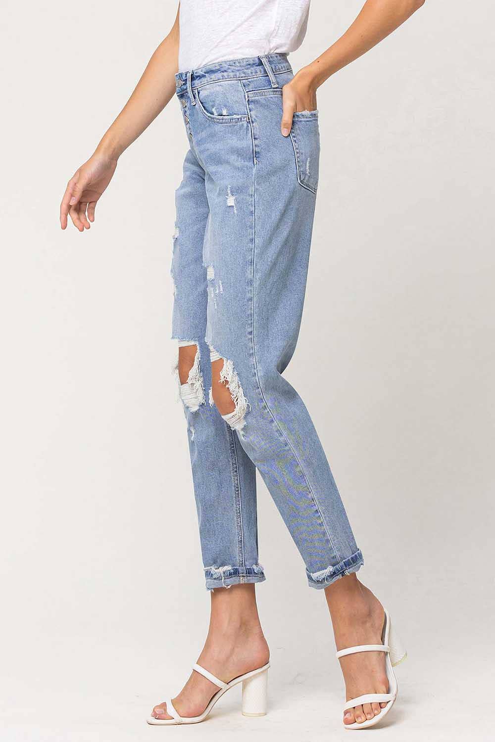 High Rise Button Fly Distressed Jeans