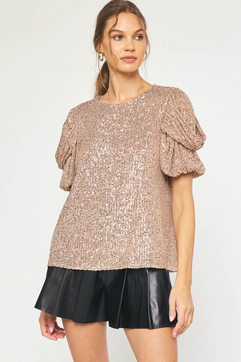 Rose Gold Sequin Ruched Sleeve Top