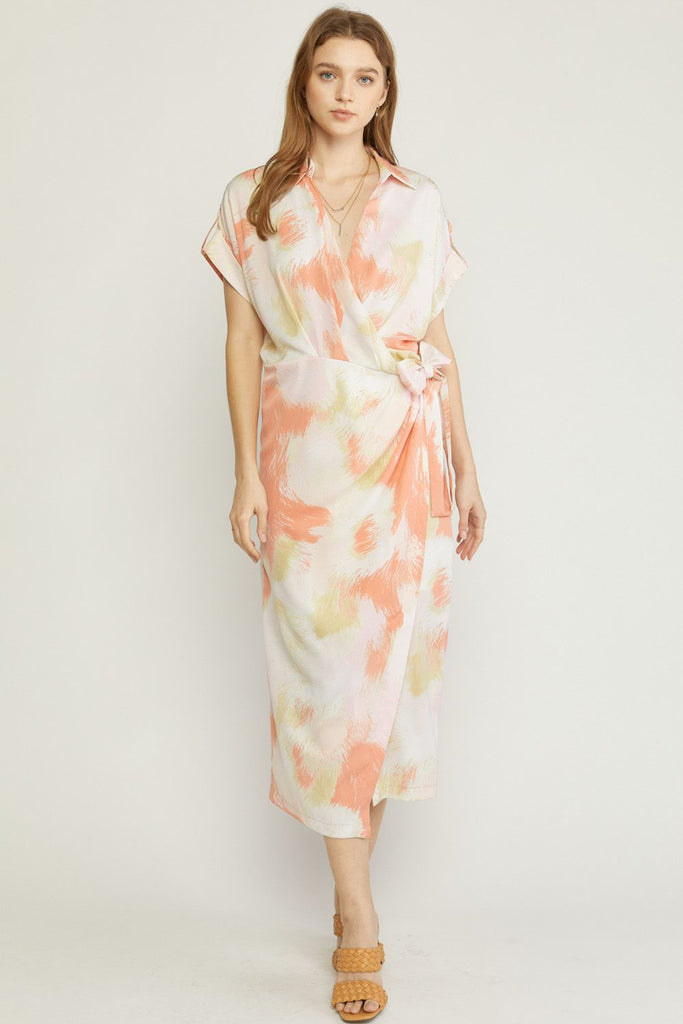 Feathered Printed Collar Wrap Dress