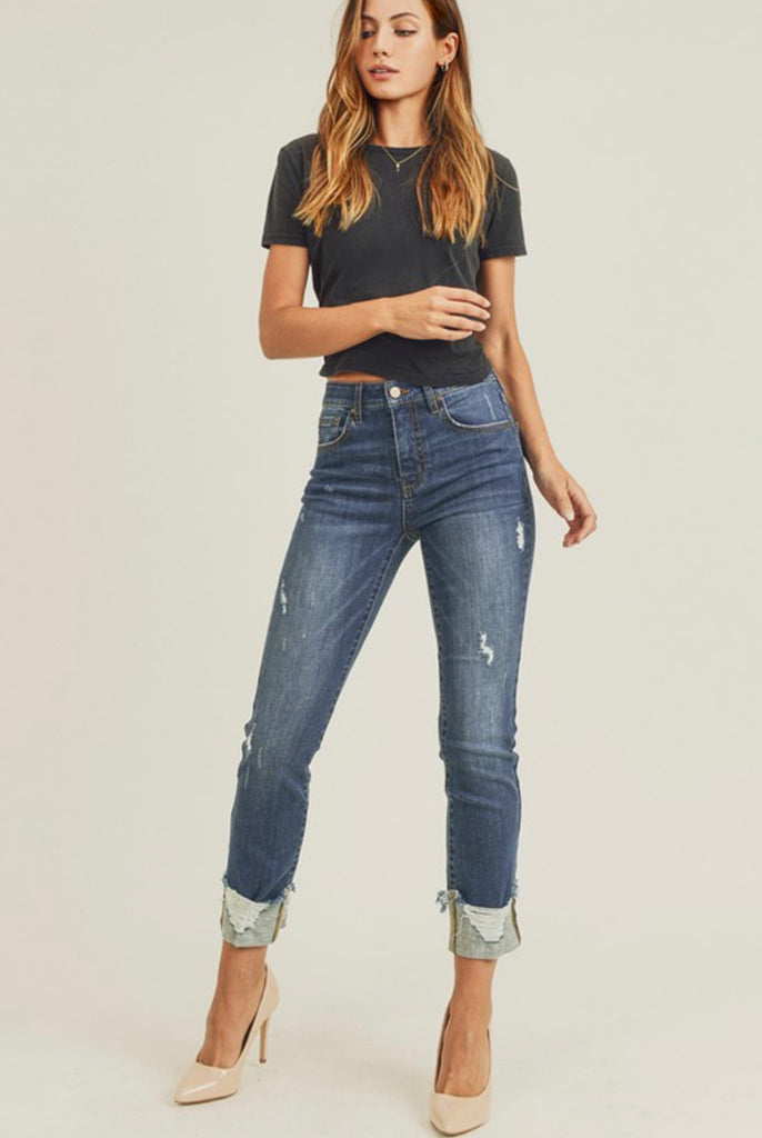 Mid Rise Frayed Cuff Ankle Straight Jeans