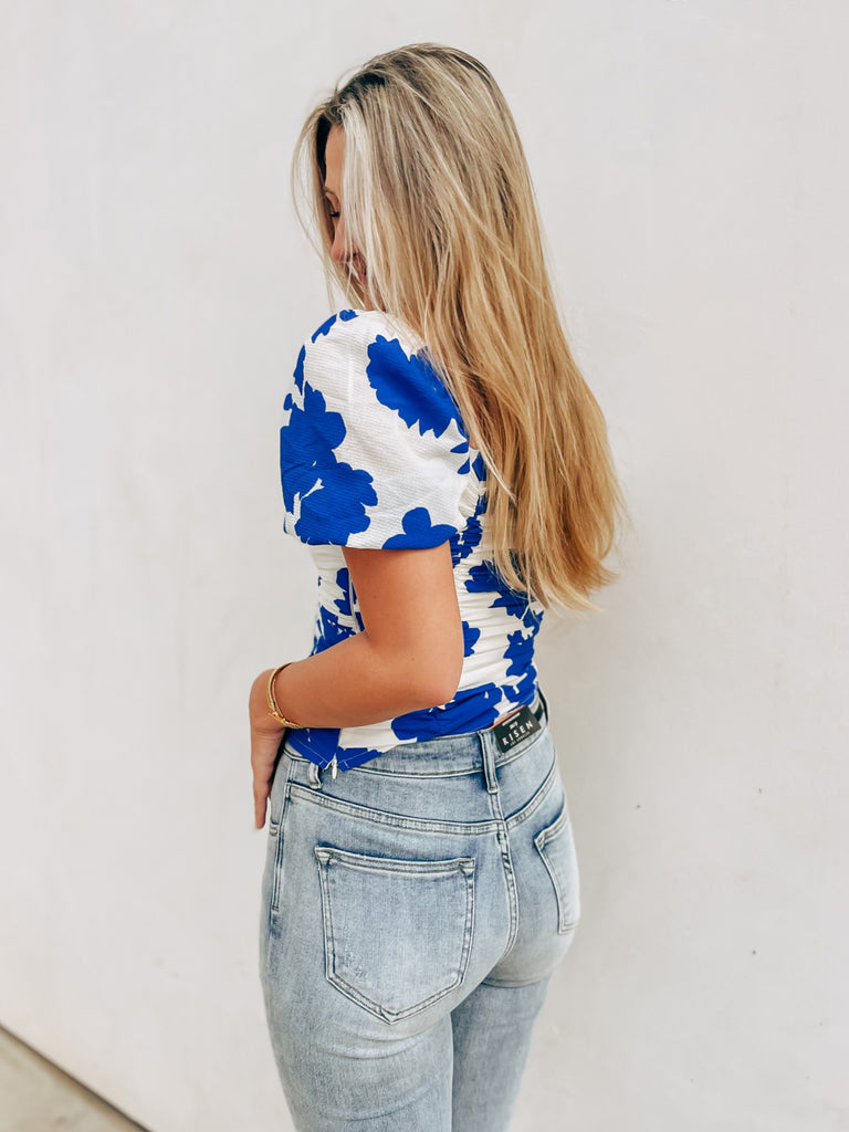 Blue & White Floral Ruched Top