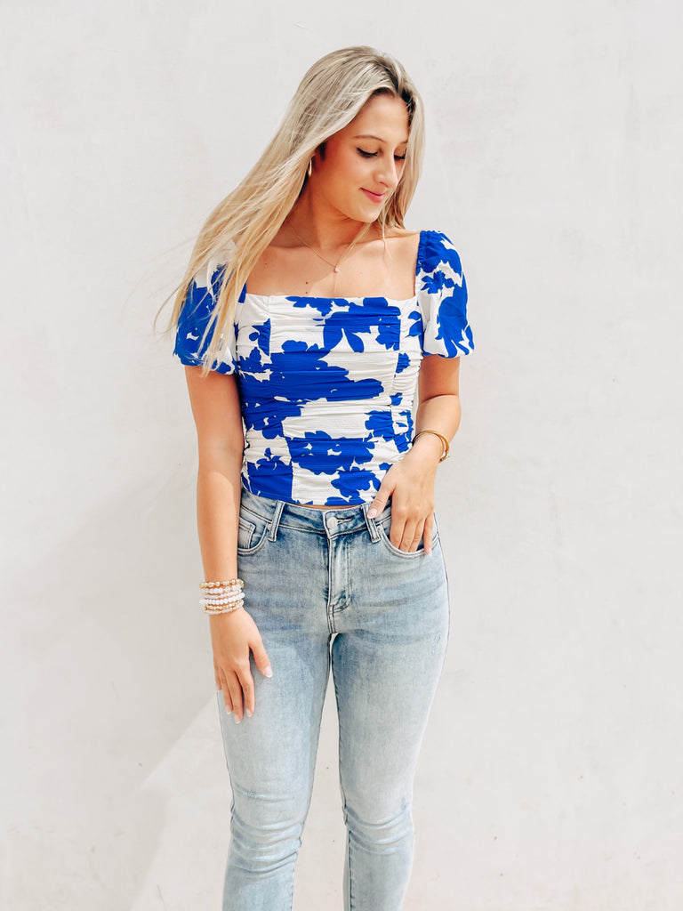 Blue & White Floral Ruched Top